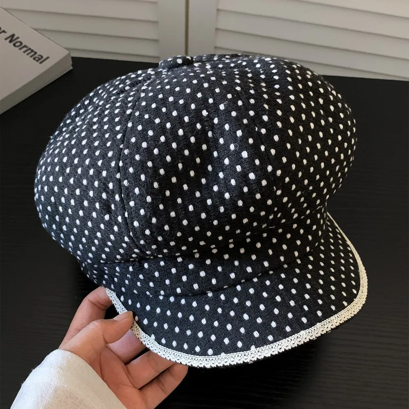 Koreanische Ins Polka Dot Spitzenrand Achteckige Baskenmütze Sommer- und Herbst-Street-Art Große Version Sonnenschutz Newsboy-Mütze für Frauen – Detail 3