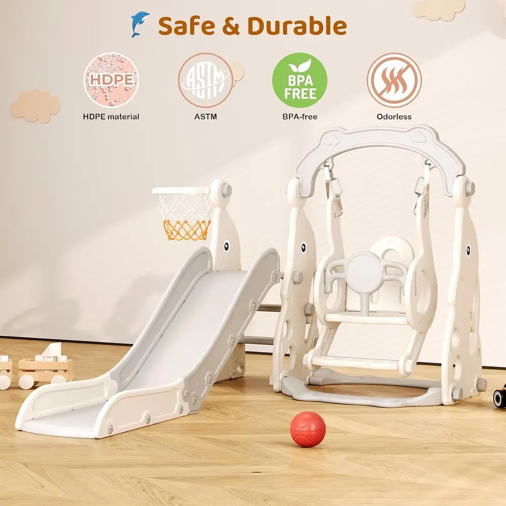 Centro de jogos infantil 4 em 1: escorregador, balanço, basquete e armazenamento, idades de 1 a 3 anos, interno/externo (cinza)