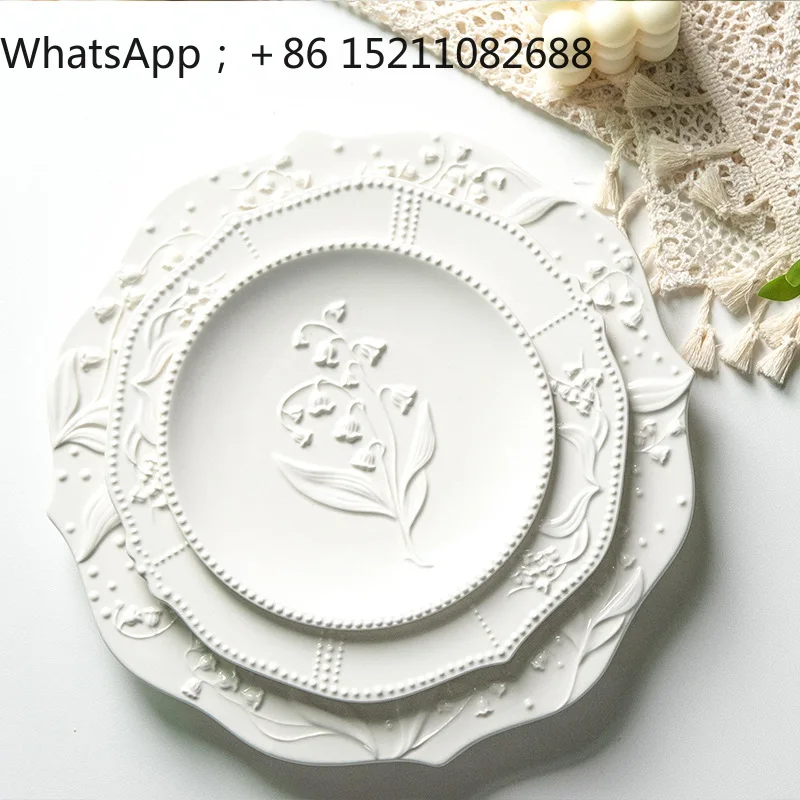 LLY Embossed Lily of the Valley Series Ceramic Western Food Pasta Plate Pastry Dessert Plate Household Vegetable Plate