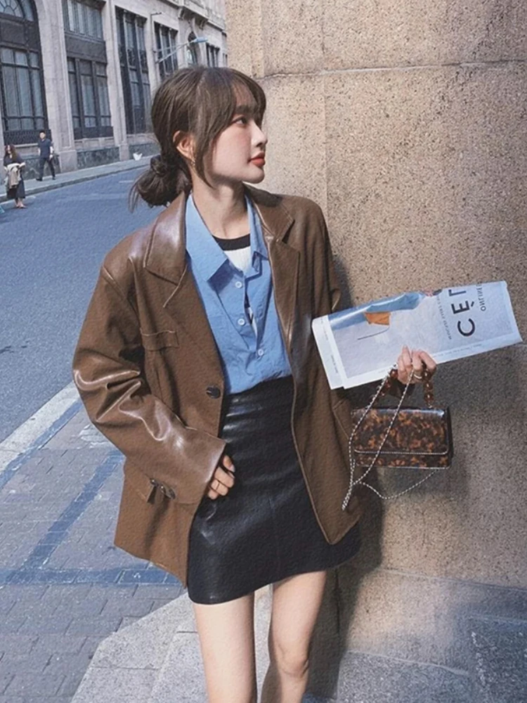 PU Blazers ผู้หญิง High Street Chic Solid Daily Office Lady ฤดูใบไม้ร่วง Outwear All-Match Slouchy คลาสสิกอาชีพสไตล์ Y2k