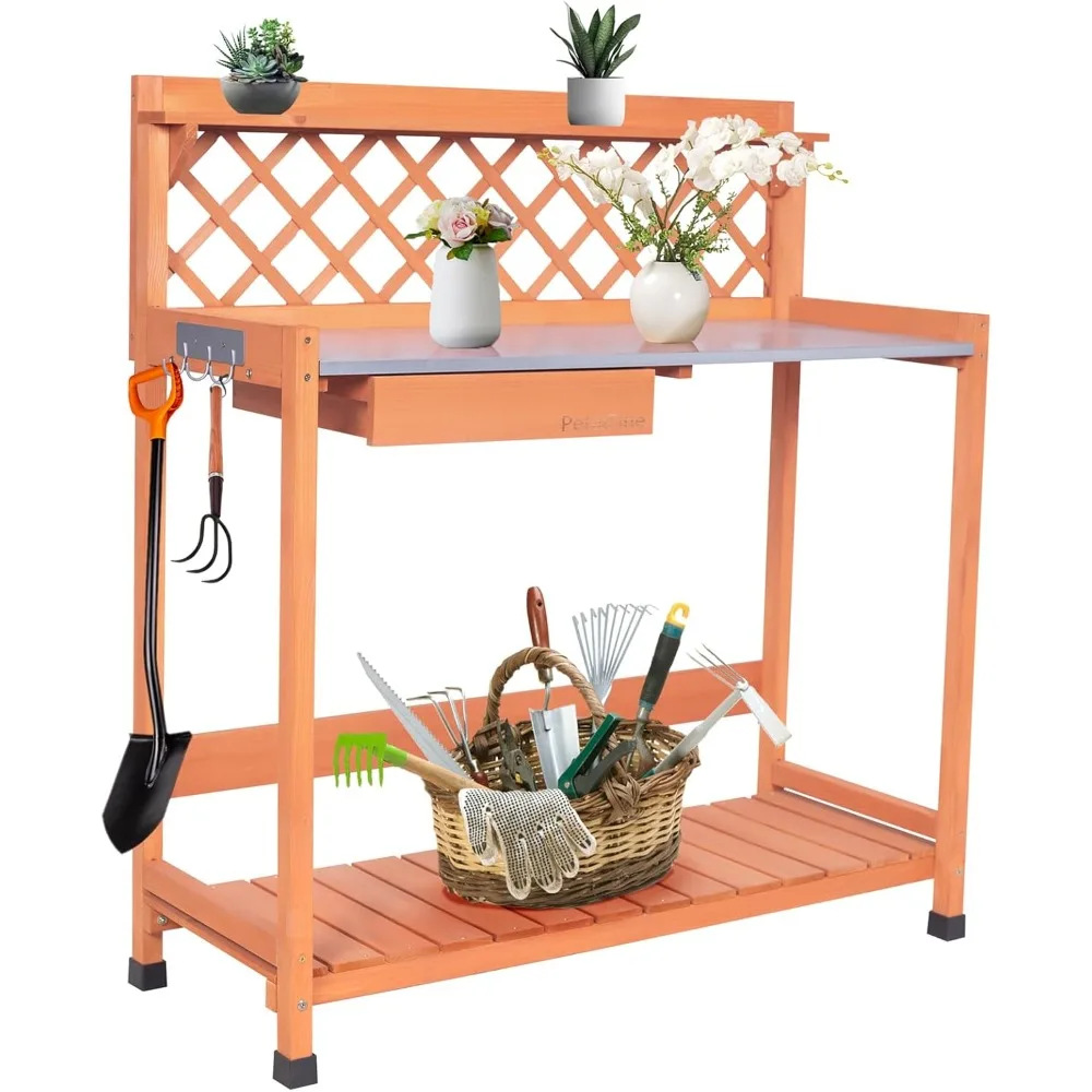 

Outdoor Potting Bench & Wooden Gardening Work Station Planting Table with Metal Tabletop, Drawer, Storage, and Hooks