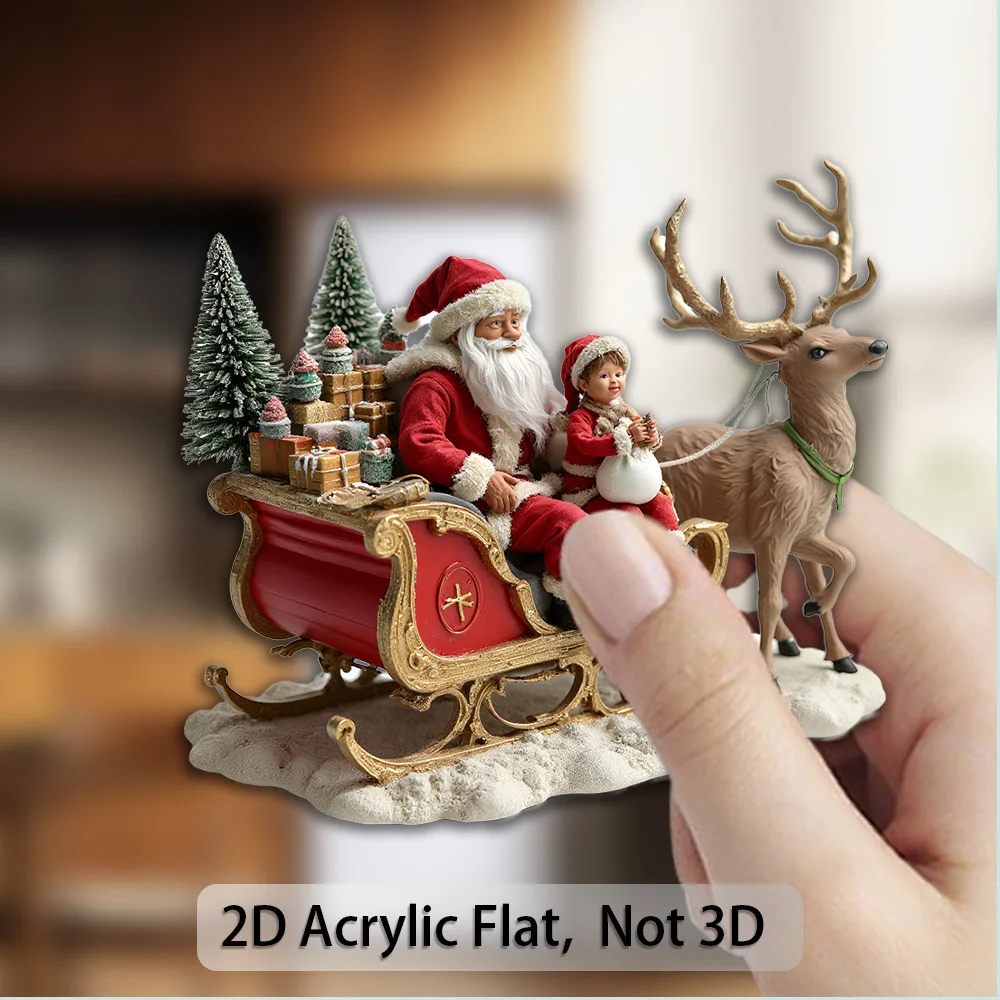 1pc 2D Flat Santa & Reindeer Sleigh Magnet. Xmas Tree & Gifts Acrylic Decor for Door & Holiday Party