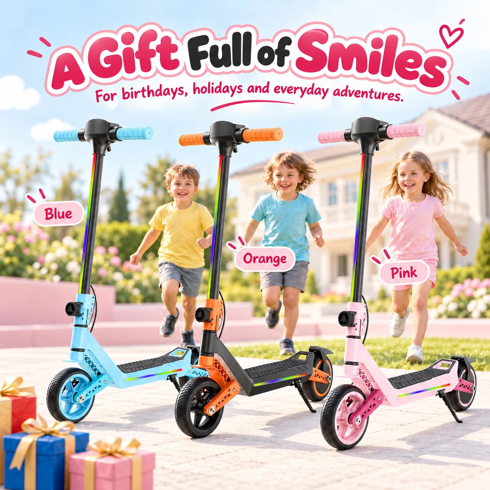 AATOTMGO Patinete eléctrico plegable infantil, 110W, 6,5 pulgadas, 16 km/h, autonomía 10 km, 3 velocidades, luces LED multicolor, ligero