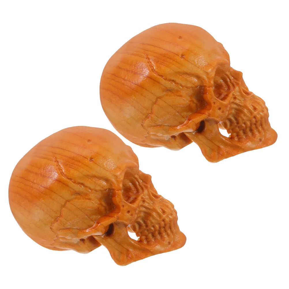 

2 Pcs Skull Statue Decorative Mini Figurines Skulls Heads Miniature Thuja Micro Desktop Model Wood