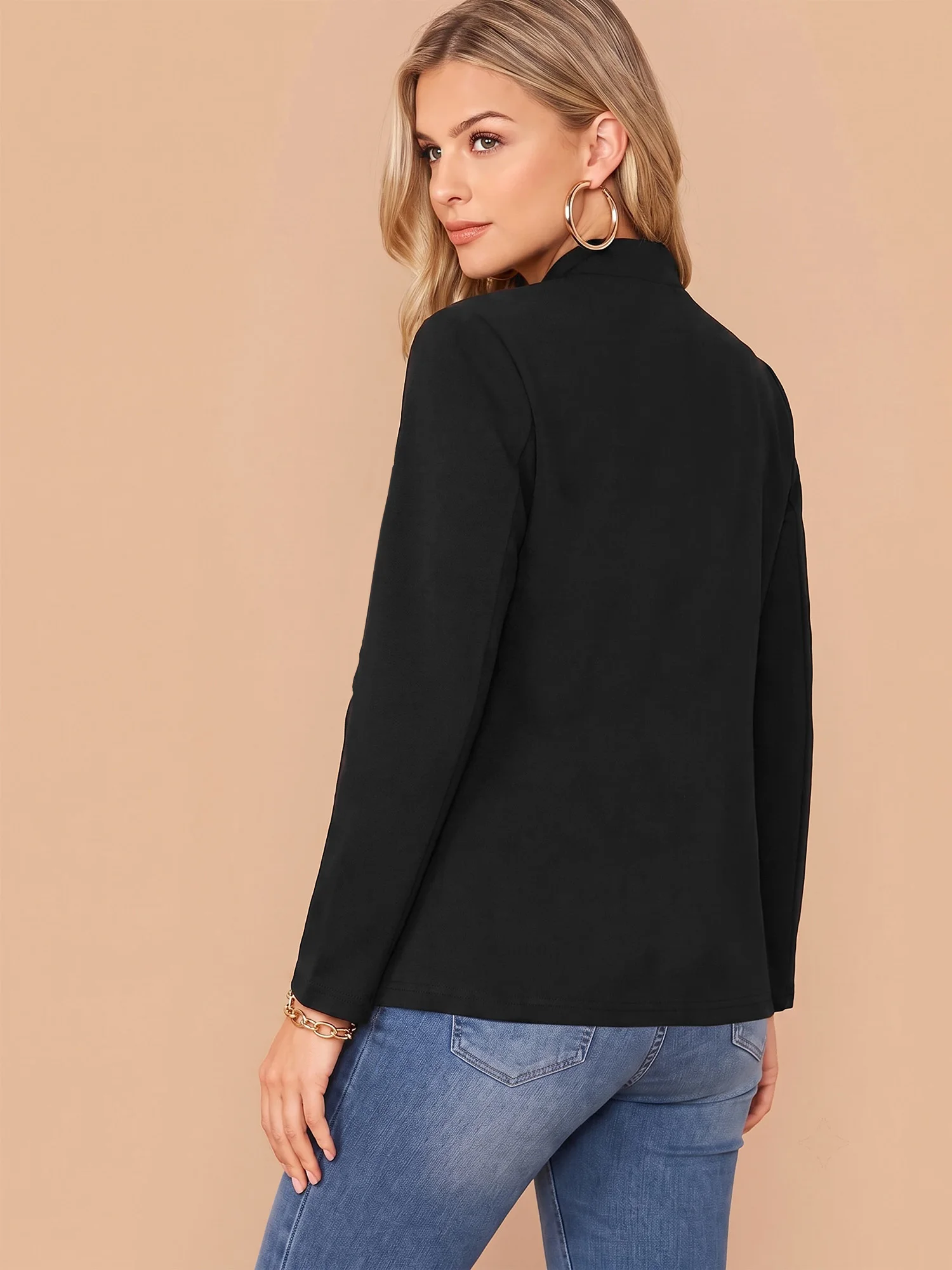 Women Chic Mandarin Collar Open Front Suit Jacket Long Sleeve Solid Formal Outerwear Top Slim Fit Blazer For Business Meeting