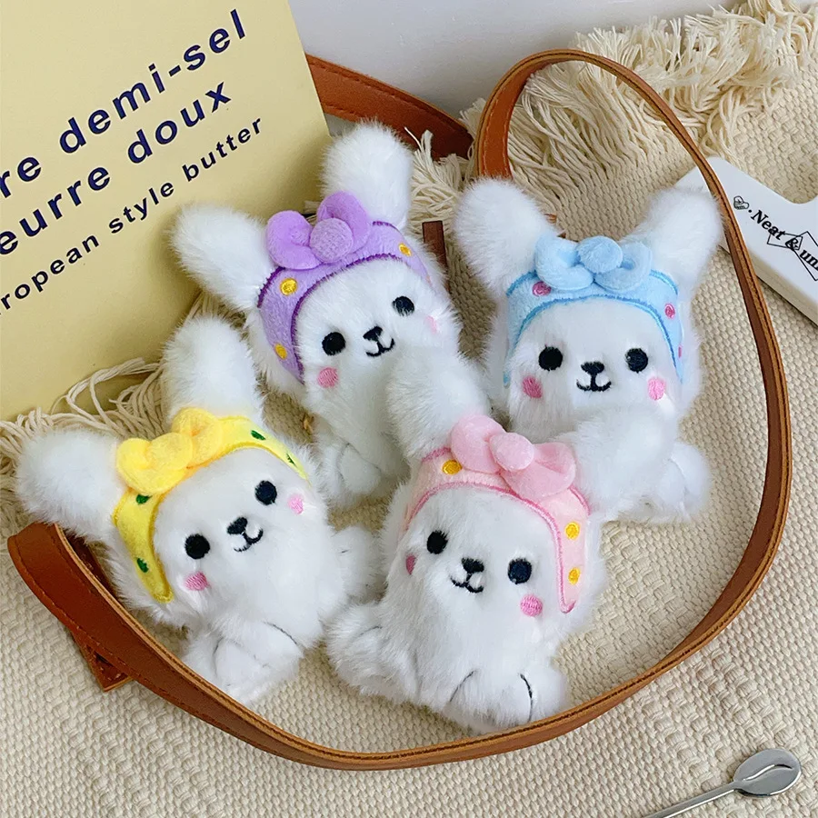 Cute Bow Hairband Puppy Plush Keyring Pendants Simulation Cartoon Pet Puppy Plush Stuffed Keyrings Creative Birthday Gifts