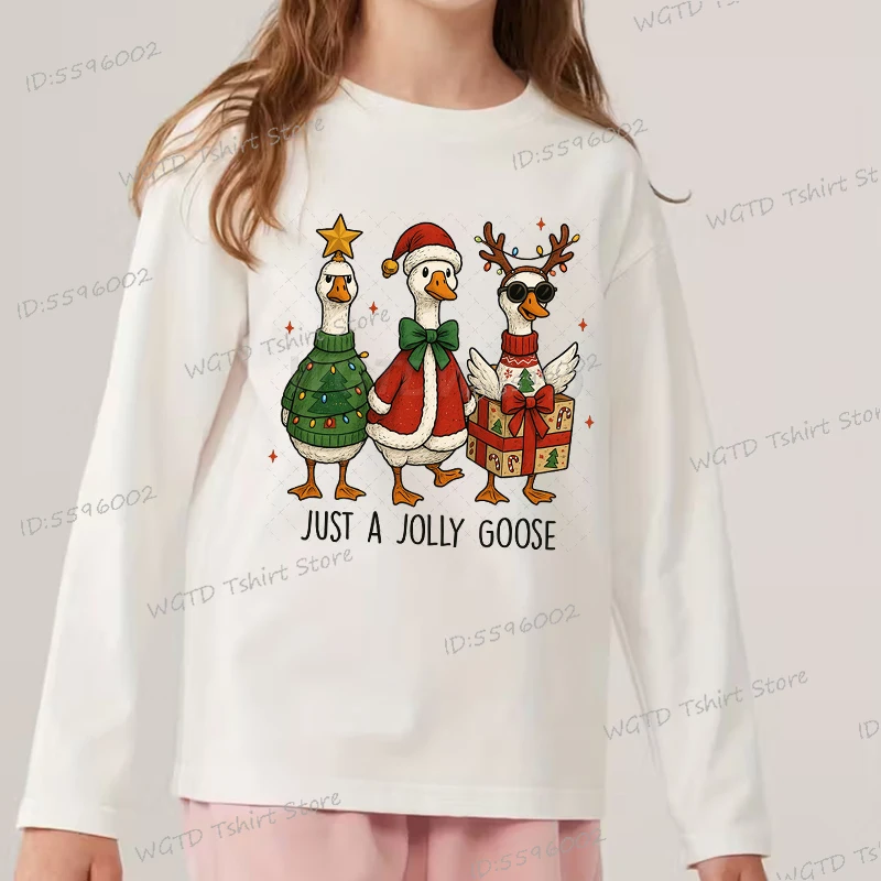 

Funny Christmas Just A Jolly Goose Graphic T Shirts for Girl Boy Merry Christmas Trendy Clothes Cute Goose Xmas Party Cotton Tee