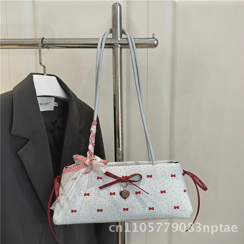 

Women's Niche Bow Bag Fashionable Satchel Urban Minimalism PU Shoulder Armpit Bag White Blue Small Zipper Closure Soft Square