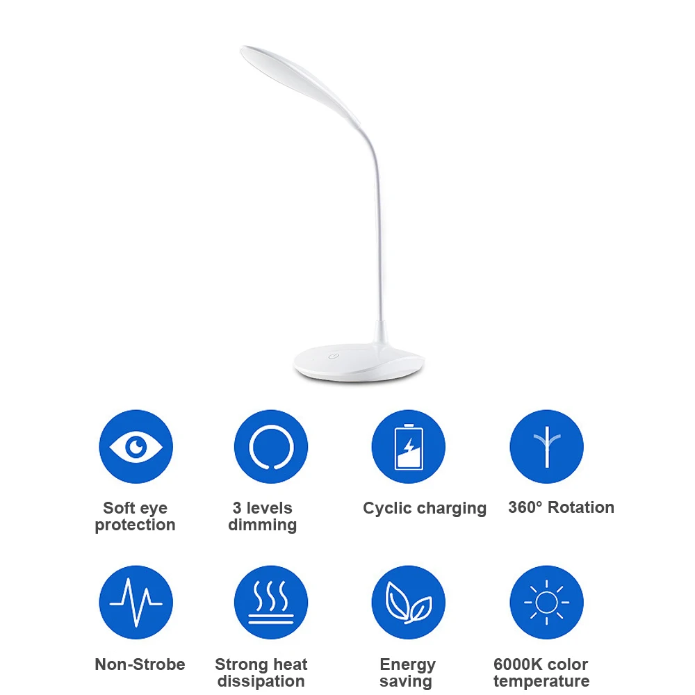 Touch Switch Flexible LED Stand Desk Lamp Modern 3 Levels Dimming USB Charging Study Light Table Lamps for College Dorm Bedroom