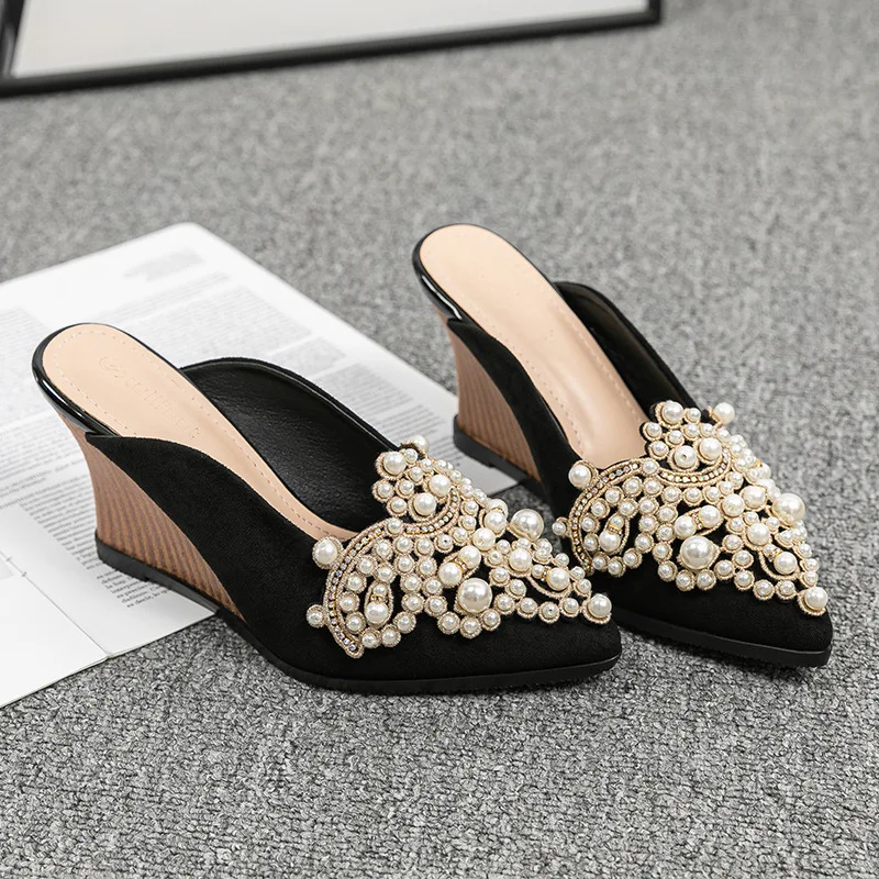 FHC Flock High Heels Pearls Wedges Shoes,Platform Summer Slides,Pointed Toe Slippers,Lazy Person Mules,Slip On,Black,Dropship