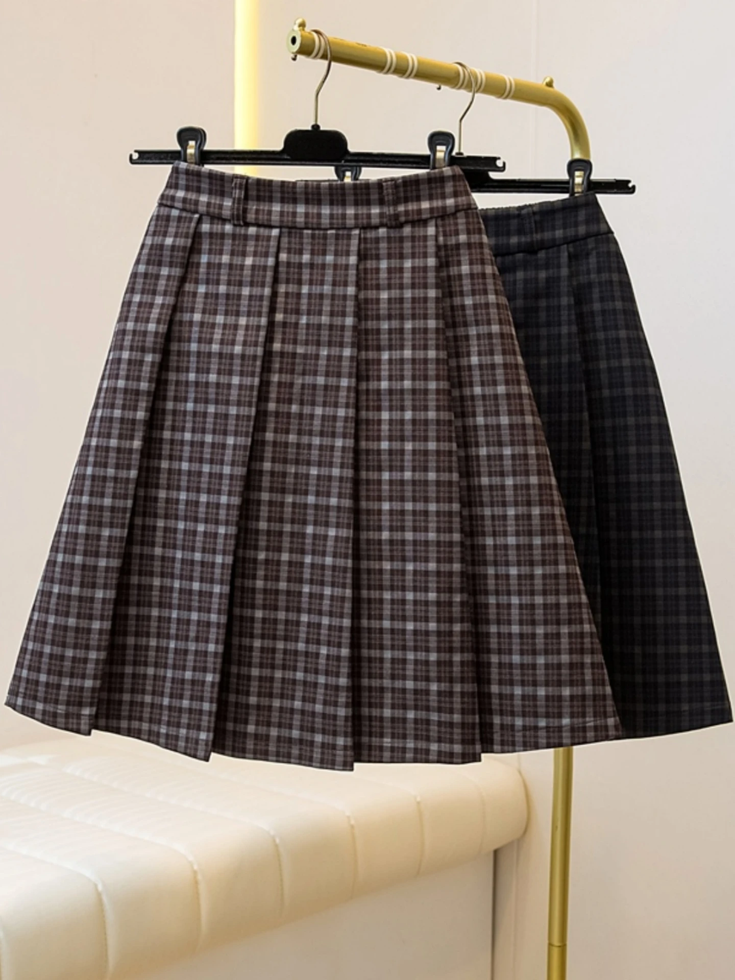 

Retro Plaid A-Line Skirt Women's Spring Autumn plus Size Elastic Waist Pleated ort Skirts Slimming Effect