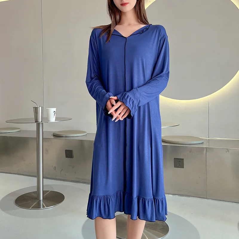 Fdfklak Modal Night Dress Women Lingerie Sexy Sleepwear Spring Summer Long Sleeve Nightgown V-Neck Leisure Girls Nightdress