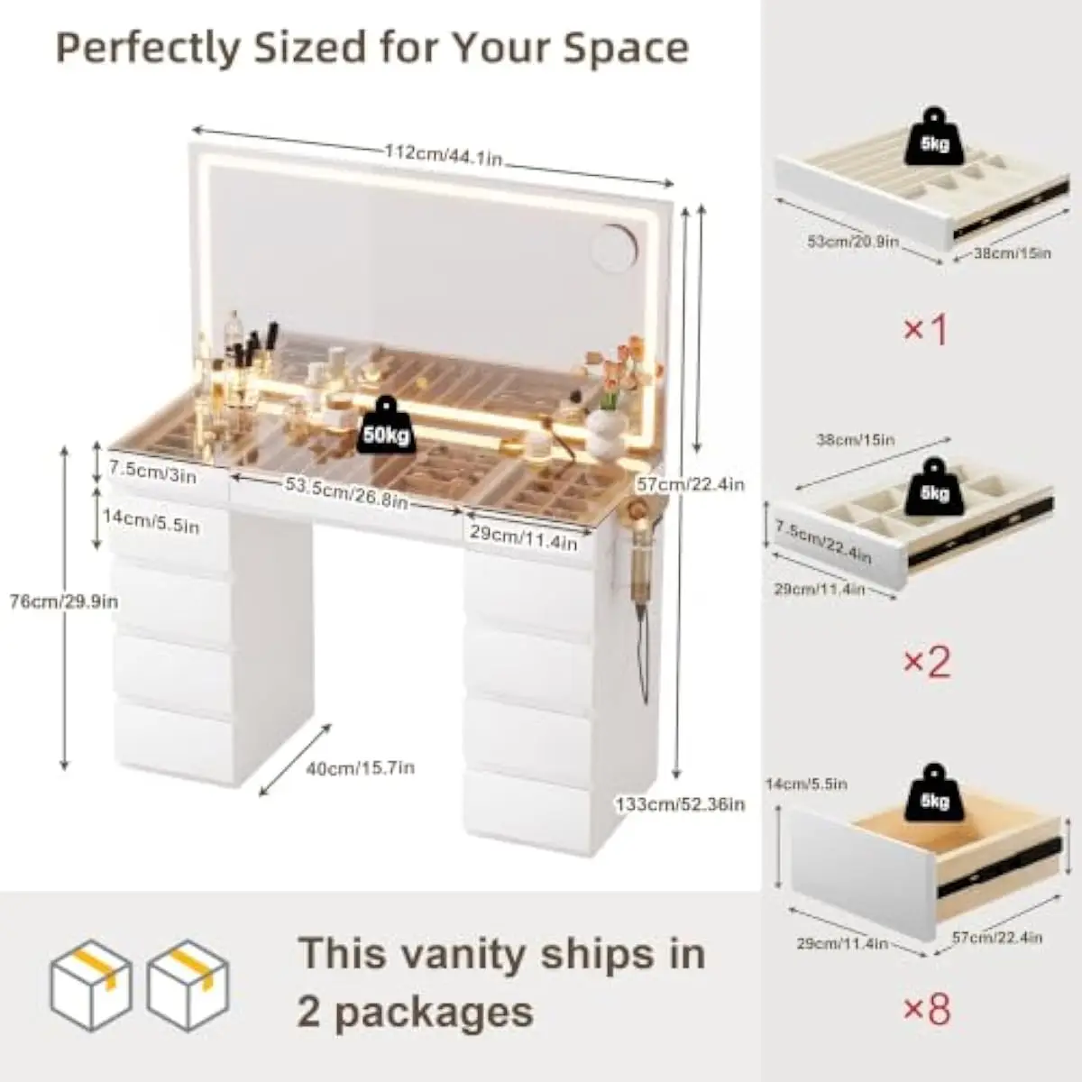 44 inch illuminated vanity with adjustable LED mirror 5x magnifier smoked glass top 8 storage drawers jewelry organizer built-in