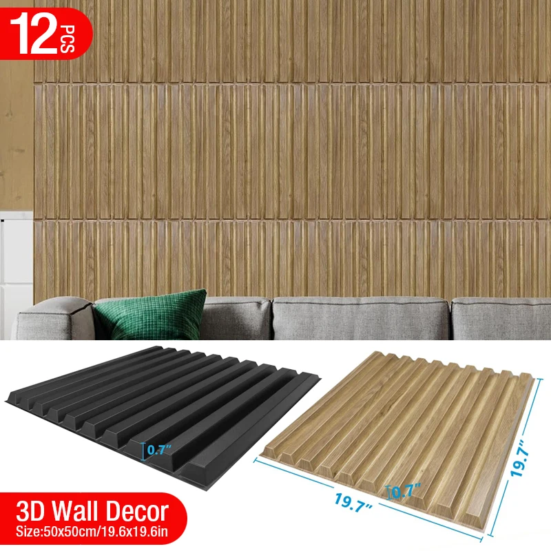 

12pcs 50cm 3D wall decor Wood grain slatted wall panel 3D groove texture panel tile living room wall sticker waterproof bathroom