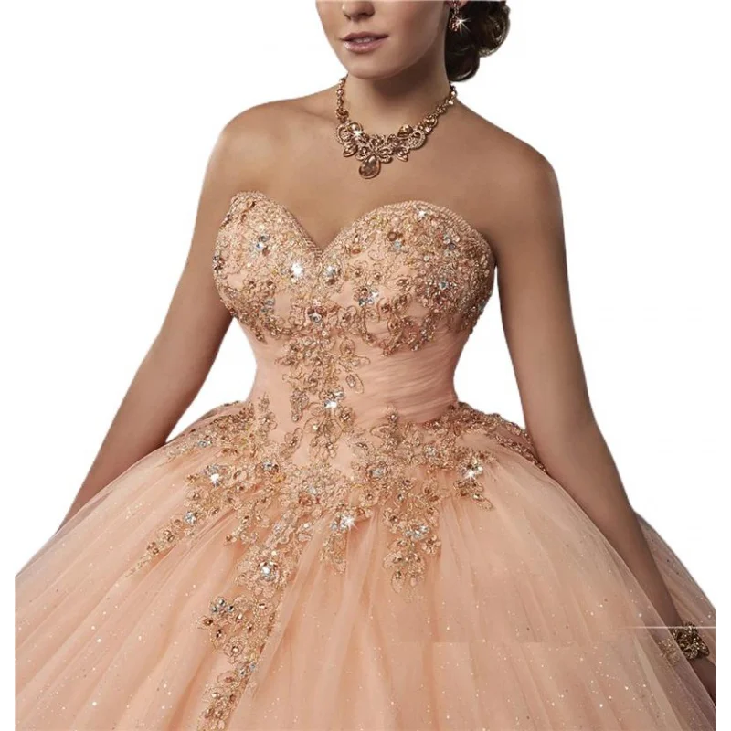 Bez ramiączek słodka pomarańczowa suknia balowa Quinceanera koronki z kryształkami naklejka szampana sukienka na Quinceanera bez ramiączek Plus Size