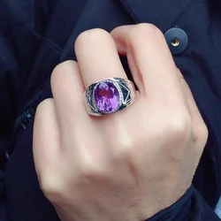 Luxury Amethyst Ring for Man 4ct 9mm*11mm VVS Grade Natural Amethyst Jewelry 925 Silver Crystal Man Ring