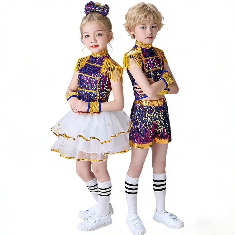 

Детский комплект одежды в стиле хип-хоп и джаз для мальчиков и девочек, с пайетками и бахромой, для современных уличных танцев, чирлидинга, сценических выступлений