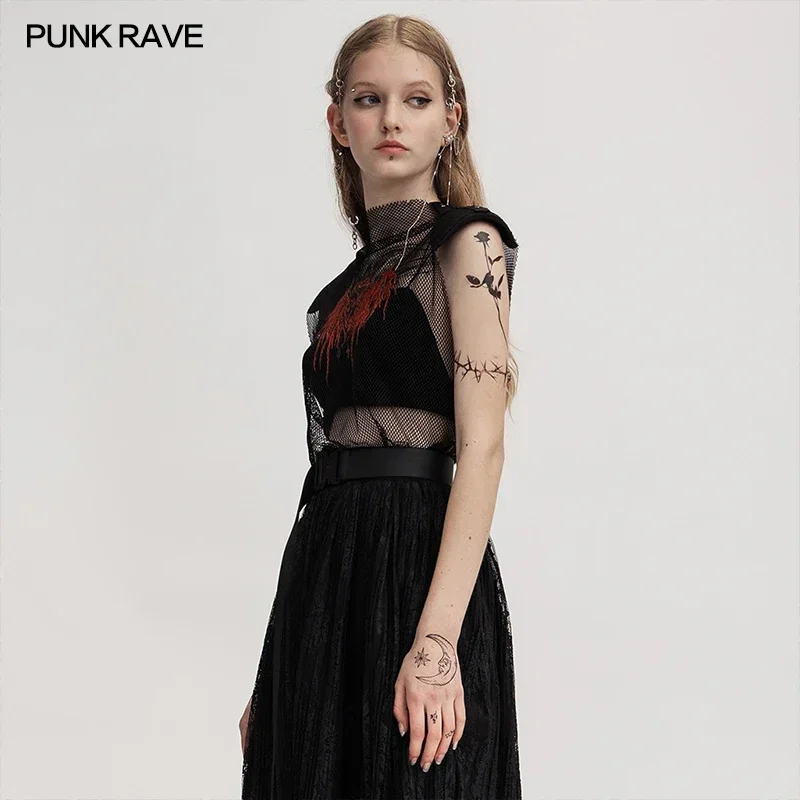 PUNK RAVE Women's Gothic Elastic Mesh Loose Fitting Vest Sexy Perspective Embroidered Casual Tank Tops