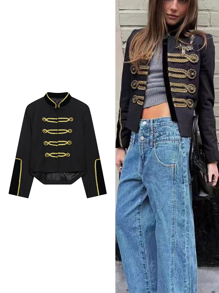 

TFMLN Vintage Women Stand Collar Short Jacket Classic Button Decoration Open Suit Jackets Lady 2026 Spring Fashion Streetwear