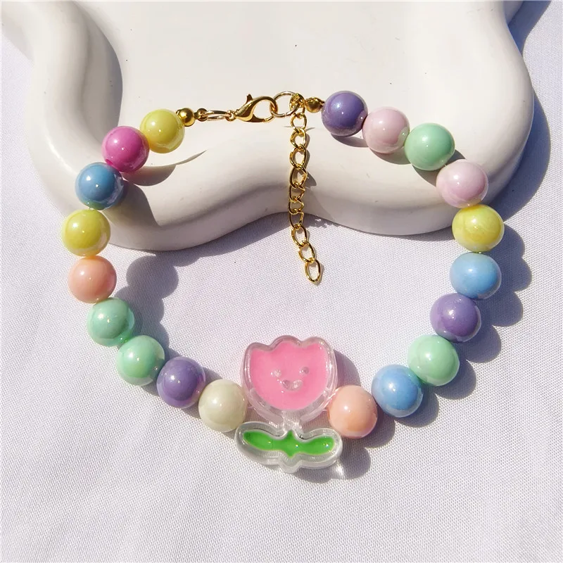 

Cat Dog Pet Handmade Necklace Candy Beaded Dopamine Bow Cat Collar Cute Pendant Pet Accessories