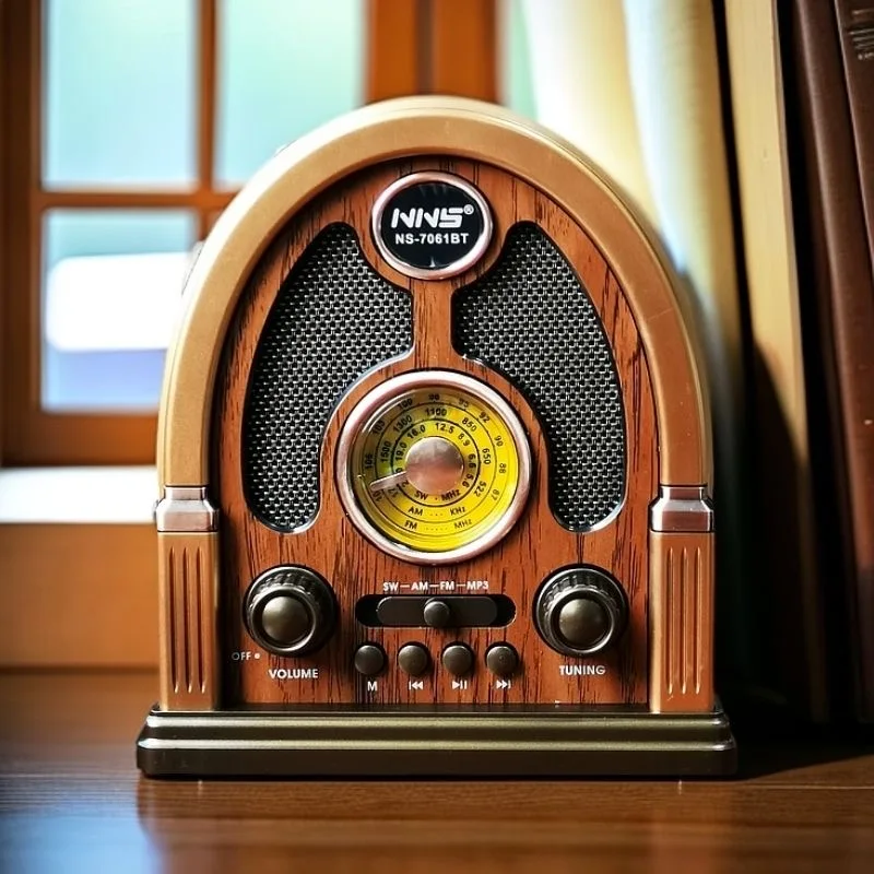 

New Vintage Wooden NS-7061BT Wireless Speaker Portable 3-band External Antenna FM Radio USB Card Speakers Rechargeable Player
