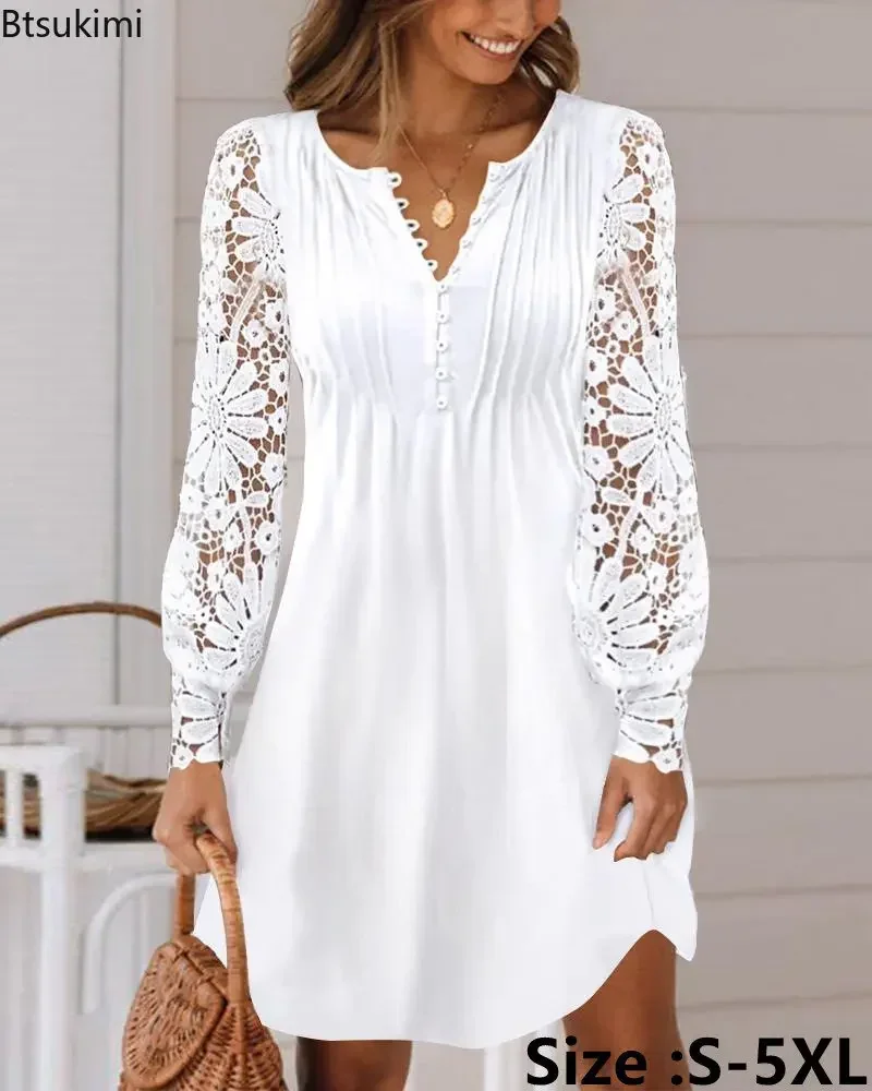

2025 Women's Casual Lace Dress Solid Elegant Hollow Out Long Sleeve Dress Female V-neck Button Party Dress Vestidos De Fiesta
