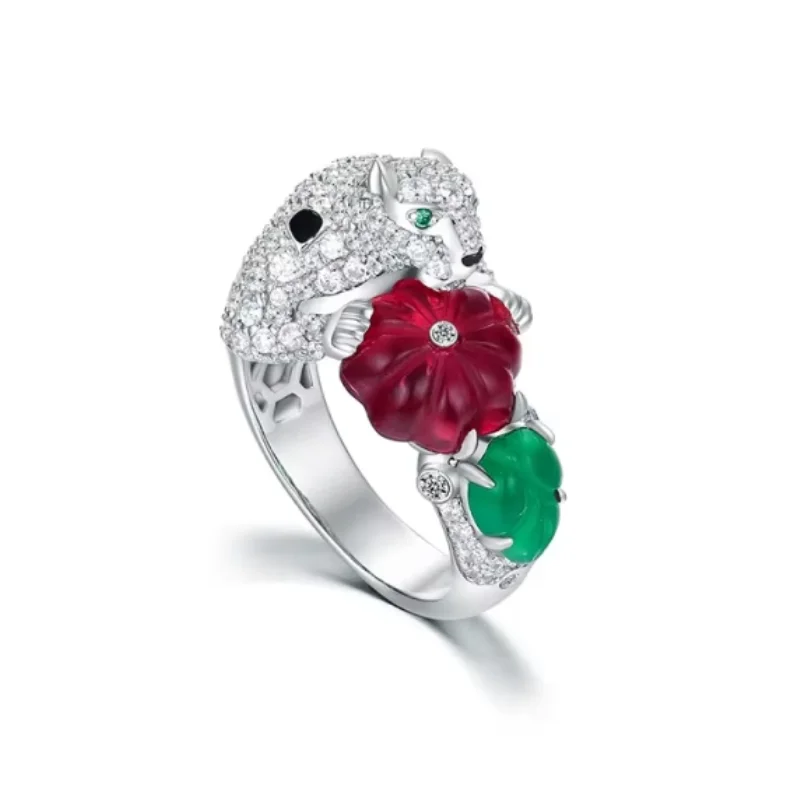 Bellux 925 Silver White Gold Plated Synthetic Zircon Animal Ring Ruby Emerald Gems Carving Light Luxury Leopard Rings