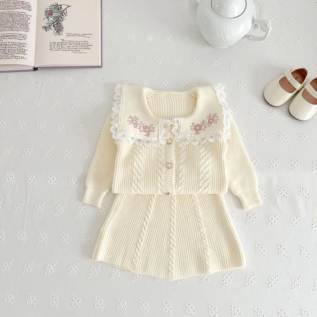 2pcs Girls Clothing Set Embroidery Floral Sailor Collar One Breasted Sweater+High Waist A-Line Soft Knitted Skirt TwoPieces Suit