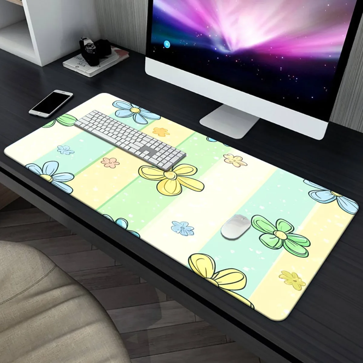 Tappetino da scrivania stampato HD a strisce floreali da 1 pezzo, tappetino per mouse XXL con base in gomma, tastiera multifunzionale e tappetino da gioco, computer da ufficio