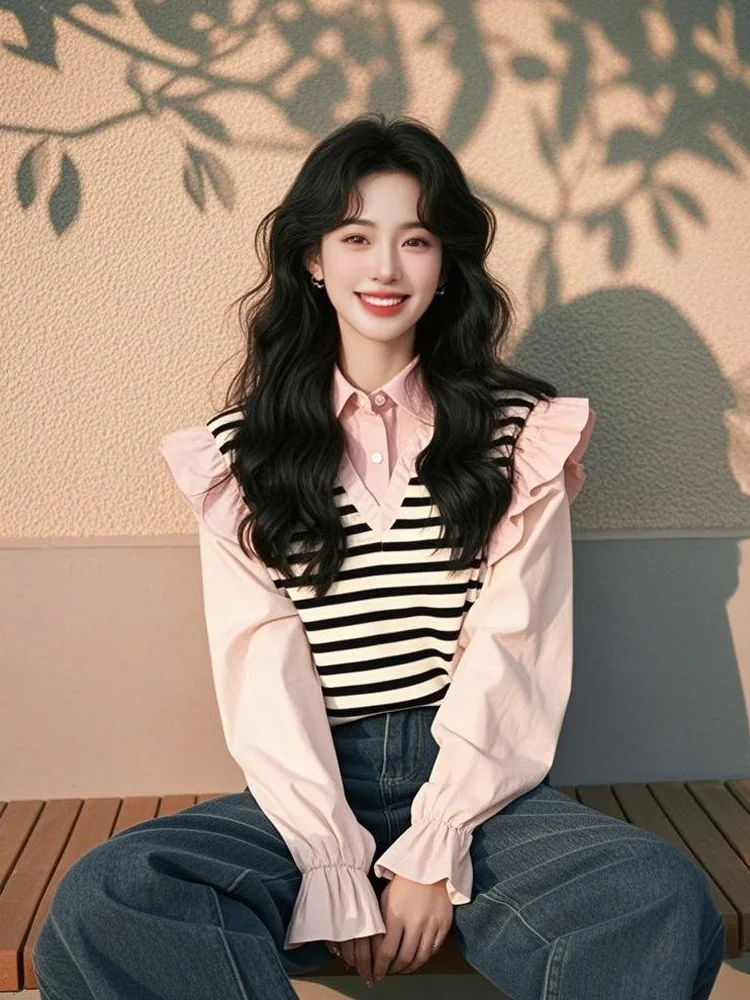 

Уникальные розовые полосатые искусственные двухсекционные женские весенние модные возрастные дужки в корейском стиле на пуговицах с прямым вырезом