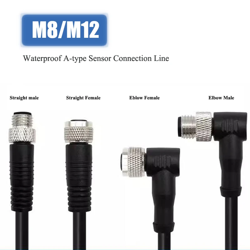 Waterproof M12/M8 3/4/5/8pin Aviation Plug Connector Cable 5/10/15/20M Elbow M12 Male Female A-type Connection Line Sensor Wire