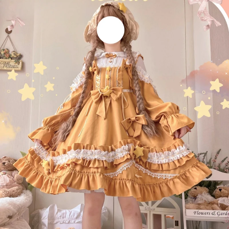 جديد الأصلي Y2k فستان الأميرة سيدة Kawaii فستان حفلة الشاي لطيف ليتل ستار الكشكشة كم طويل اليابانية الحلو لوليتا فساتين