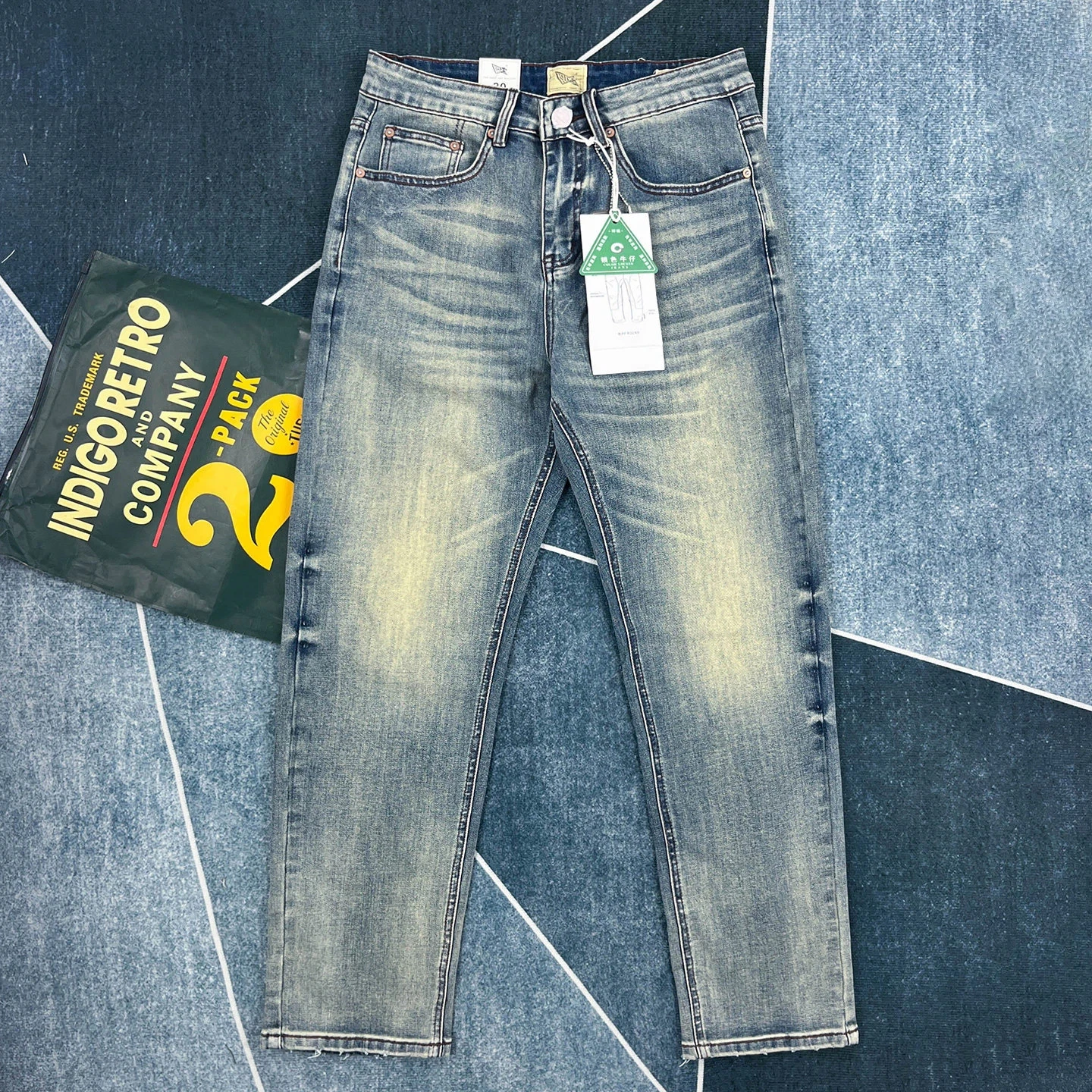 

New high-end American retro washed jeans men's elastic slim straight trousers