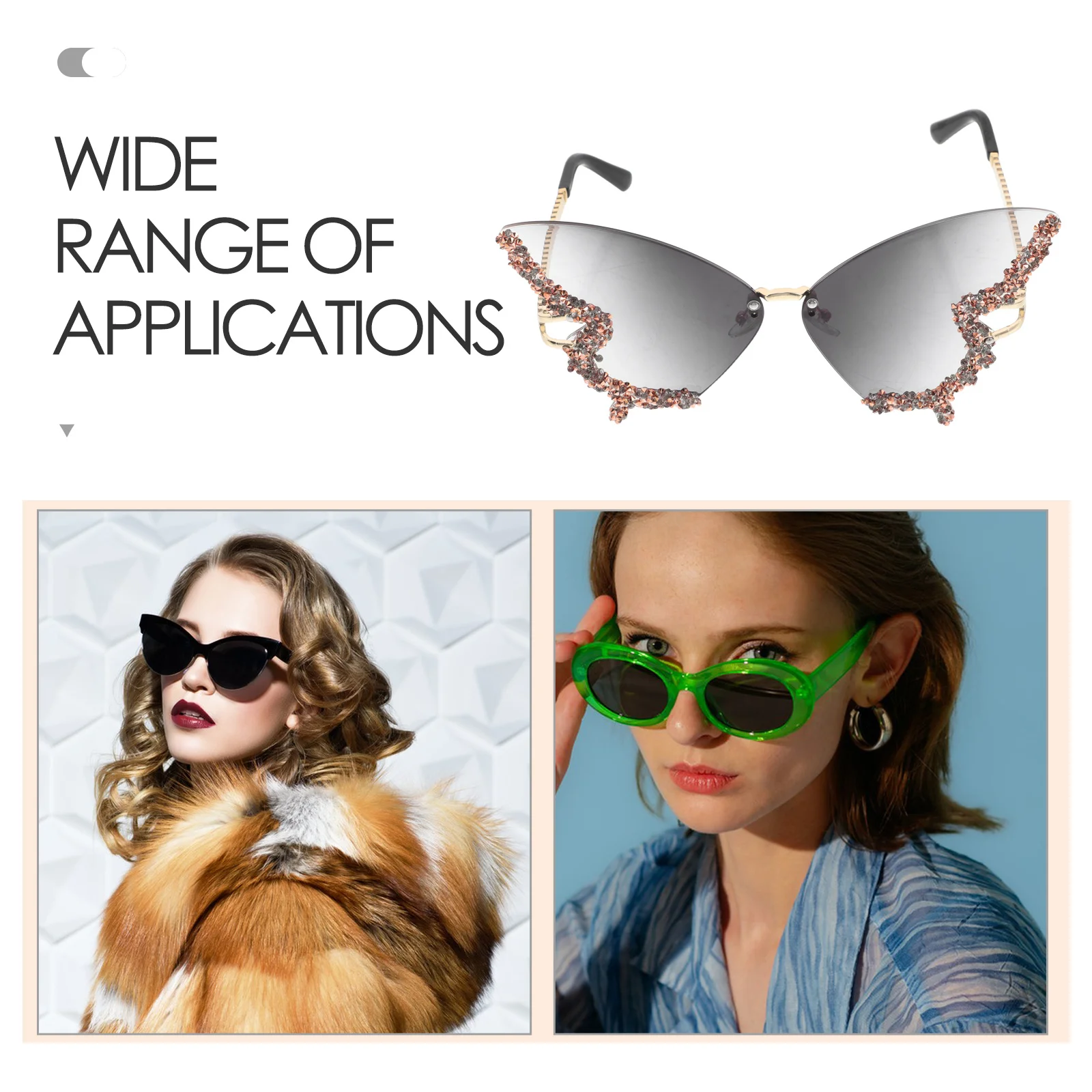 Gafas de sol sin montura de mariposa con acento de diamante, gafas clásicas con bloqueo UV, gafas de moda para mujer, fiesta de Festival