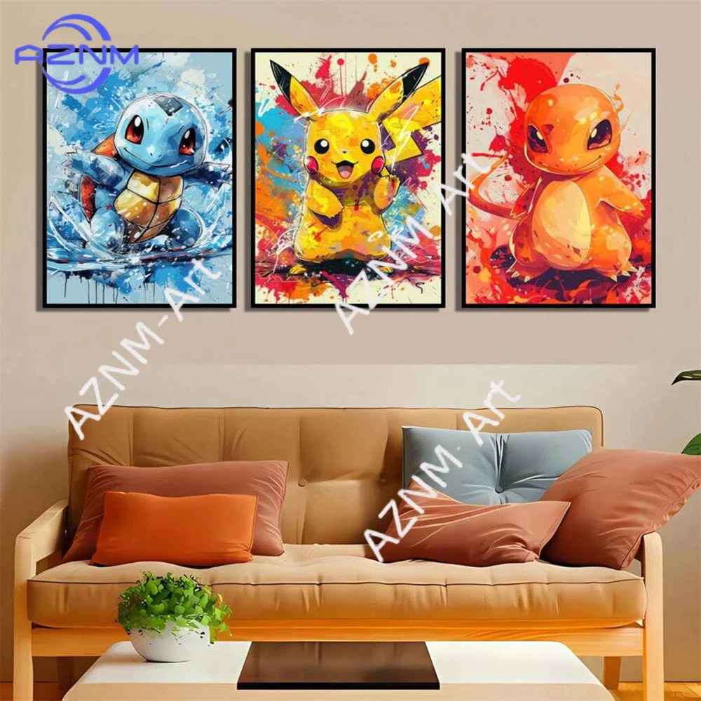 Pôster de Anime Pokémon Pikachu Charmander Bulbasaur Squirtle, Pintura em Lona HD, Arte de Parede para Sala de Estar, Presente para Crianças
