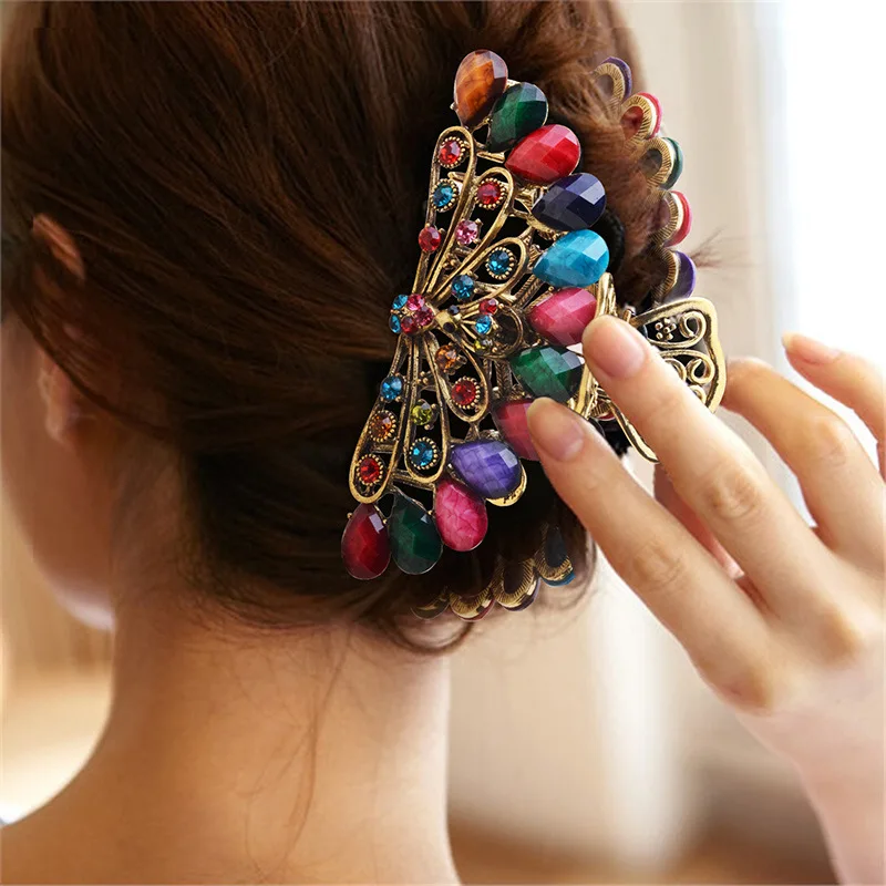 NEW Vintage Crystal Resin Flower Hair Claw Crab Jewelry  Peacock Clip Women Banquet Hairpin Accessories