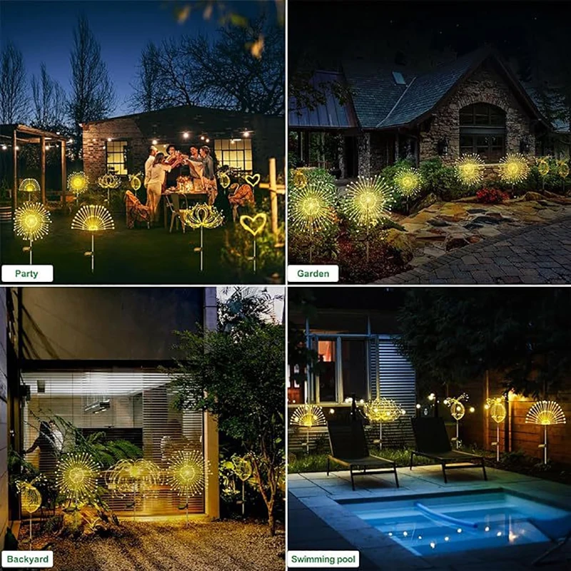 Feux d'artifice solaires extérieurs, lumières de jardin étanches, 8 modes d'éclairage avec télécommande, décorations lumineuses