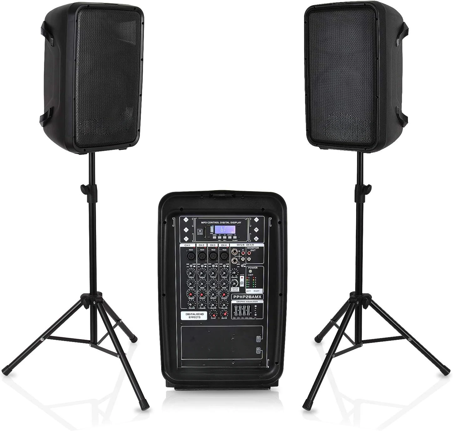 Speaker DJ Mixer Bundle - 300 W Portable Wireless Bluetooth Sound System w/ USB SD XLR 1/4