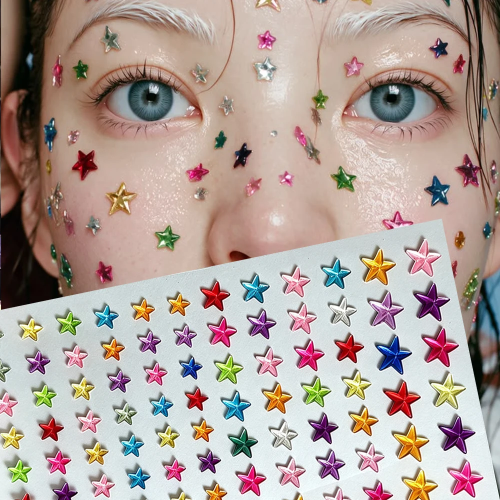 1Pcs Y2k Star Gemstone Glitter Face Makeup Tattoos Stickers 3D Colored Pentagram Bling Diamond Fake Tattoo Party Eye Body Decora