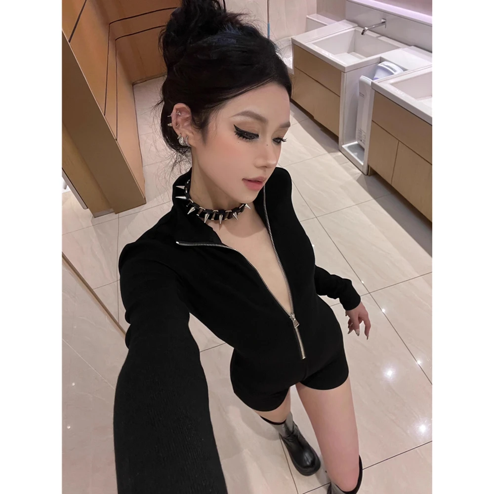 Damen-Jumpsuits mit Langen Ärmeln, Figurbetont, Dehnbar, Einteiliger Yoga-Kurzanzug, Sexy Fitness-Overall in Schwarz mit Großem Reißverschluss, Sportbekleidung – Detail 10