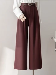 Office Lady Elegant High Waist Wide Leg Suits Pants Fall Winter 2024 Burgundy Suits Pants with Pockets Black Gray Trousers