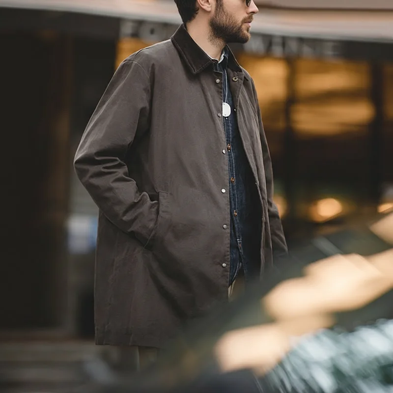 

Maden Men's Vintage Waxed Windbreaker Corduroy Turn-down Collar Mid-length Overcoat Windproof and Waterproof Trench Loose Jacket