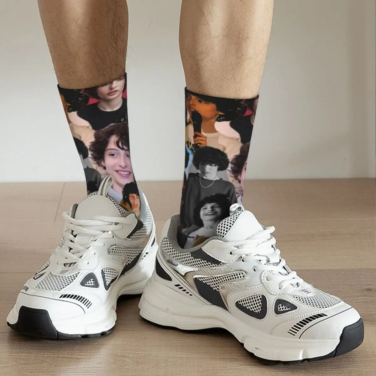 Hip-hop Finn Wolfhard Collage Skateboard Socks Actor Movie Polyester Crew Socks for Women Men Sweat Absorbing