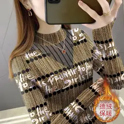 Temperament Autumn Winter Women Turtleneck Printing Gauze Patchwork Fashion Slim Plus Velvet Long Sleeve Bottoming Shirt Tops