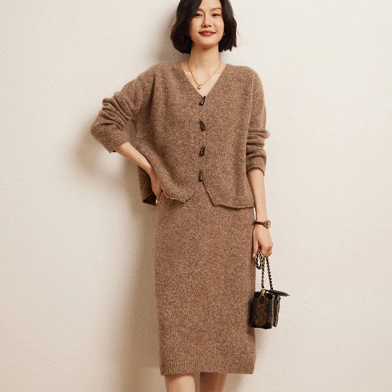 High Quality Fashion Suit Autumn Winter 100% Cashmere Knitted Sweater Women Cardigan And Skirt Two-Piece Female Girl Clothing