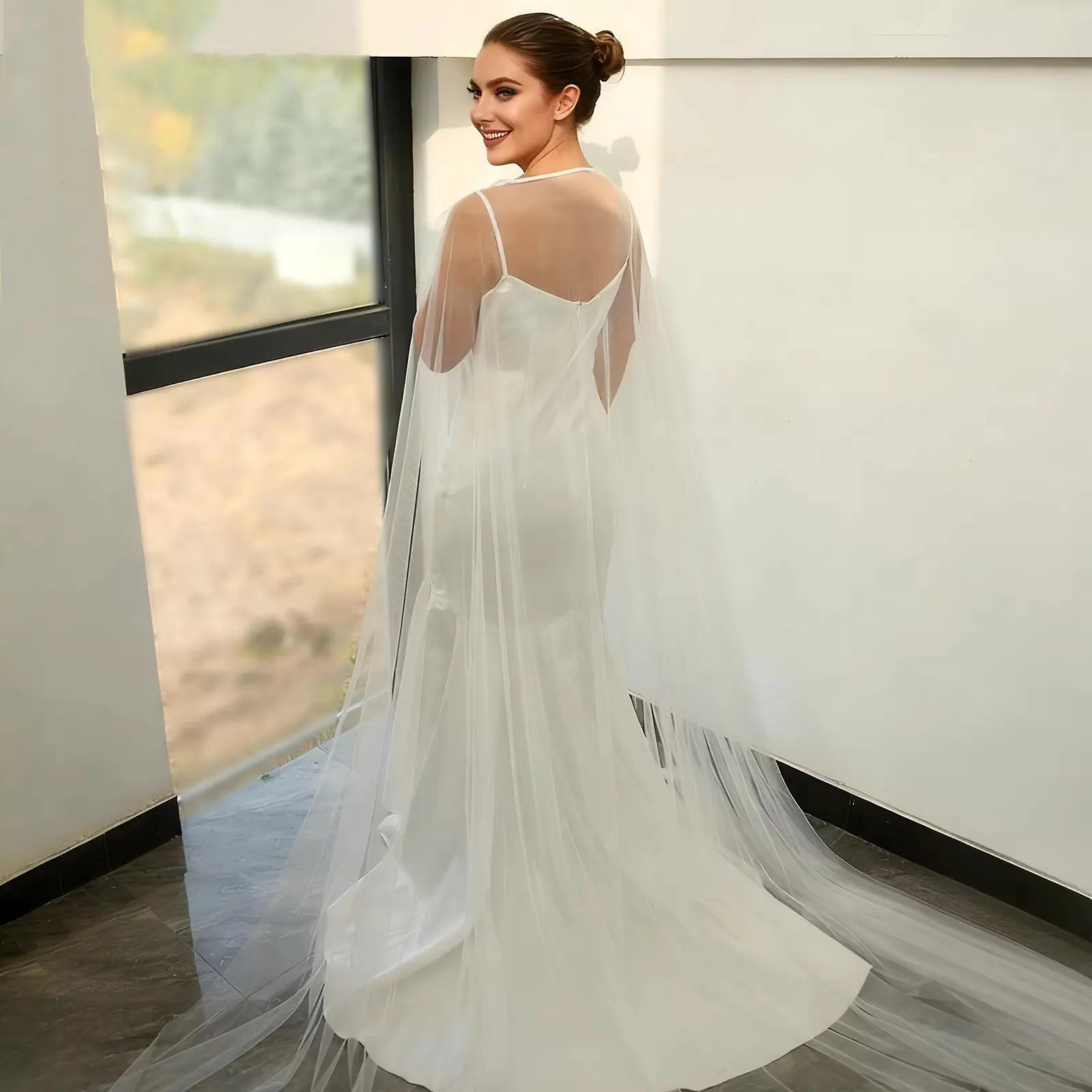 Mingli Tengda Bride's Super Fairy White Trailing Tulle Shawl Wedding Graceful and Lace Up Design Cloak and Cape  Accessories