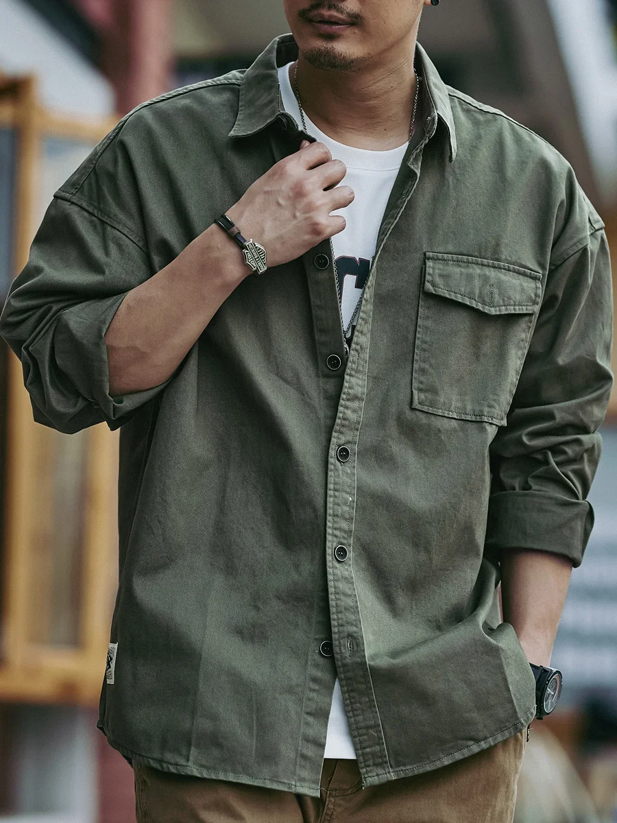 Retro American Workwear Shirt Men's Loose Casual Long Sleeve Cotton Spring Autumn New Style Pure Cotton Jacket for Teens