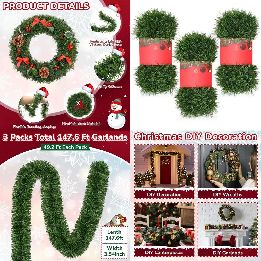 

Artificial Green Christmas Garlands, 3.5 Wide, 3 Sets, 49ft Each, for Indoor/Outdoor Tree, Stair, Banister, Fireplaces