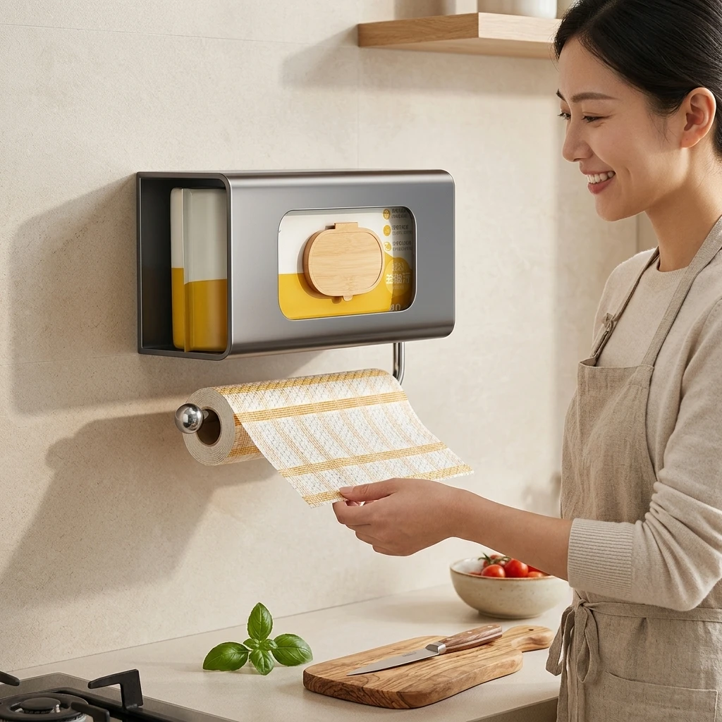 

Stainless Steel Kitchen Paper Towel Holder With Upside Down Design For Wet Wipes And Roll Storage