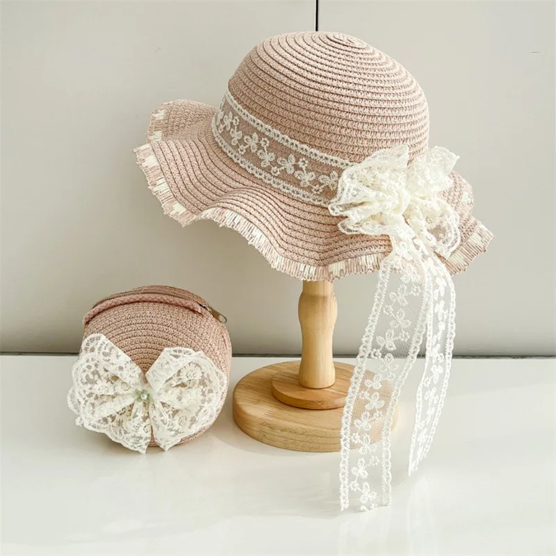 Lace Bow Straw Hat With Bags 2pcs Set For Girl Wide Brim Vacation Cap Summer Kids Baby Outdoor Beach Sunscreen Sun Hats